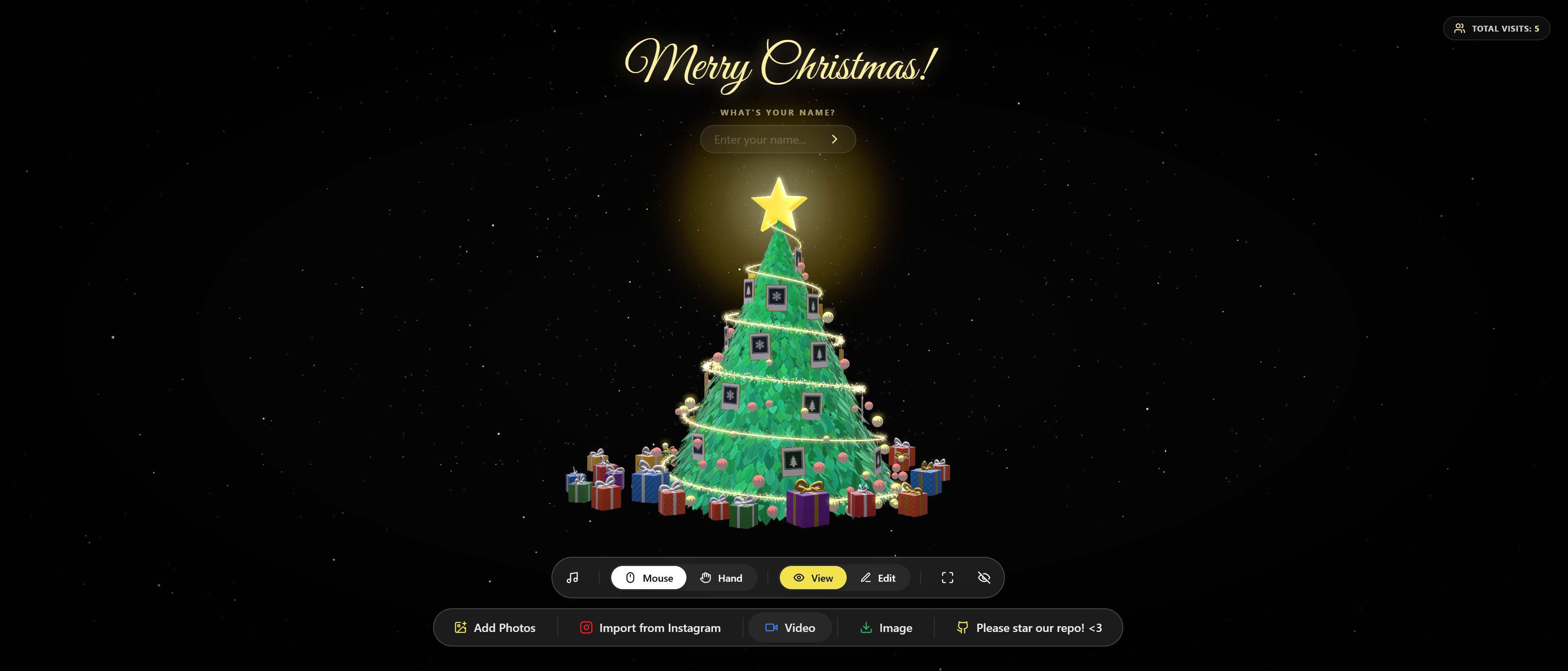Interactive 3D Christmas tree with glowing star and gifts.