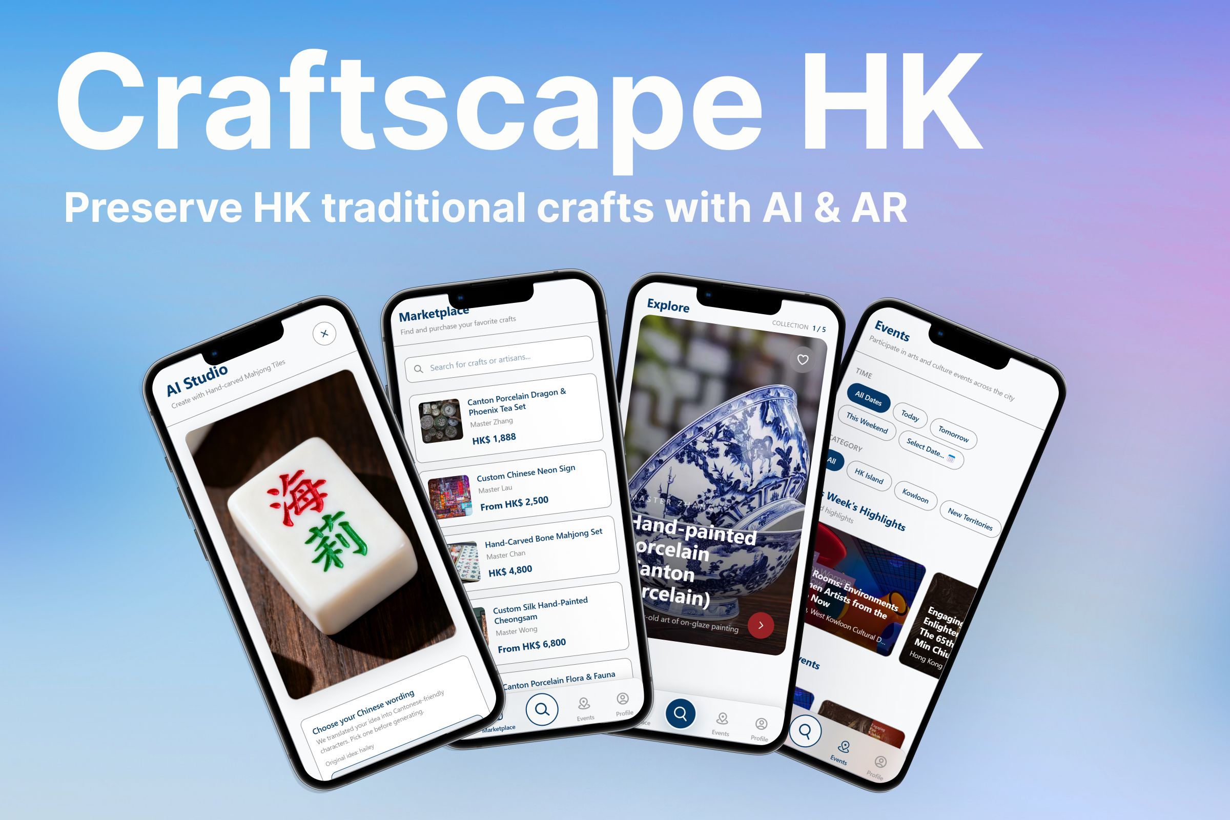 Craftscape HK mobile app mockups showcasing AI and AR features.